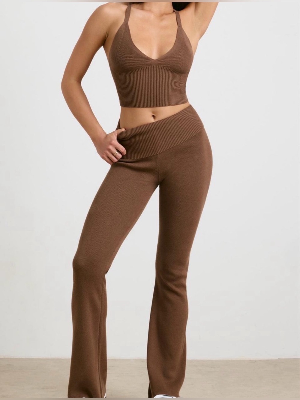 Oh Polly Bo + Tee Brown Knit Fold Over Flare Pants Crop Top Matching Set XS / S